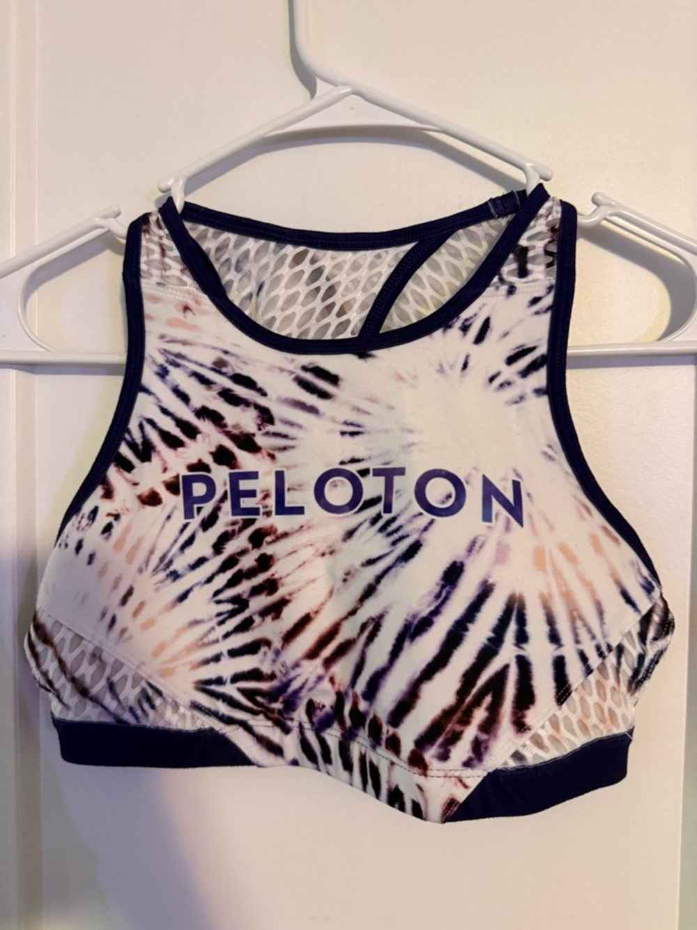 Peloton Tie-Dye High Neck Sports Bra in White, Navy & Peach